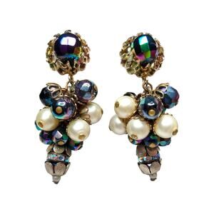 Vintage Aurora Borealis & Pearls Chandelier Earrings Unsigned Miriam Haskell? 2"